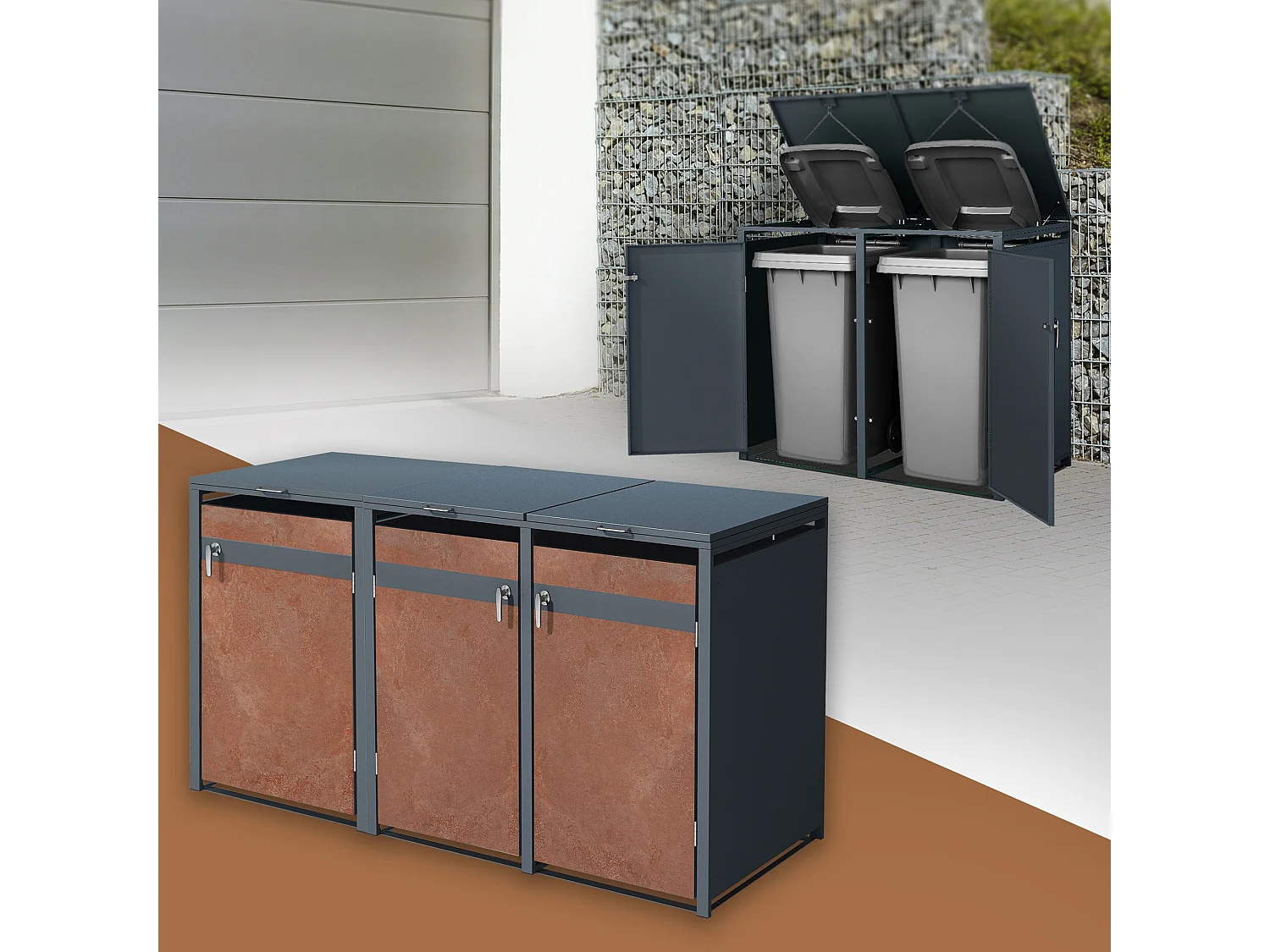 Abri pour 3 poubelles 200x80x116,3 cm capacité de 60L à 240L anthracite/aspect rouillé acier couvercle rabattable/3 portes résistant aux intempéries