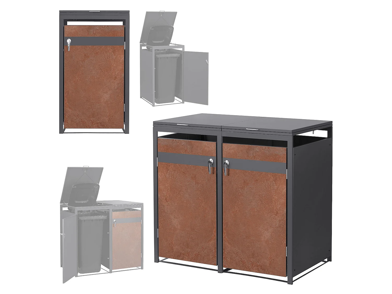 ML-Design Copribidoni per 3 bidoni 240L 200x80x120 cm acciaio antracite effetto ruggine contenitore per spazzatura con 3 sportelli copertura cestini