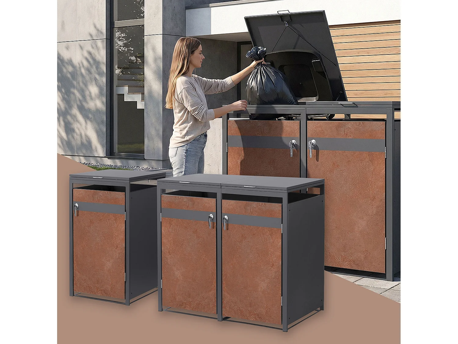 ML-Design Copribidoni per 3 bidoni 240L 200x80x120 cm acciaio antracite effetto ruggine contenitore per spazzatura con 3 sportelli copertura cestini