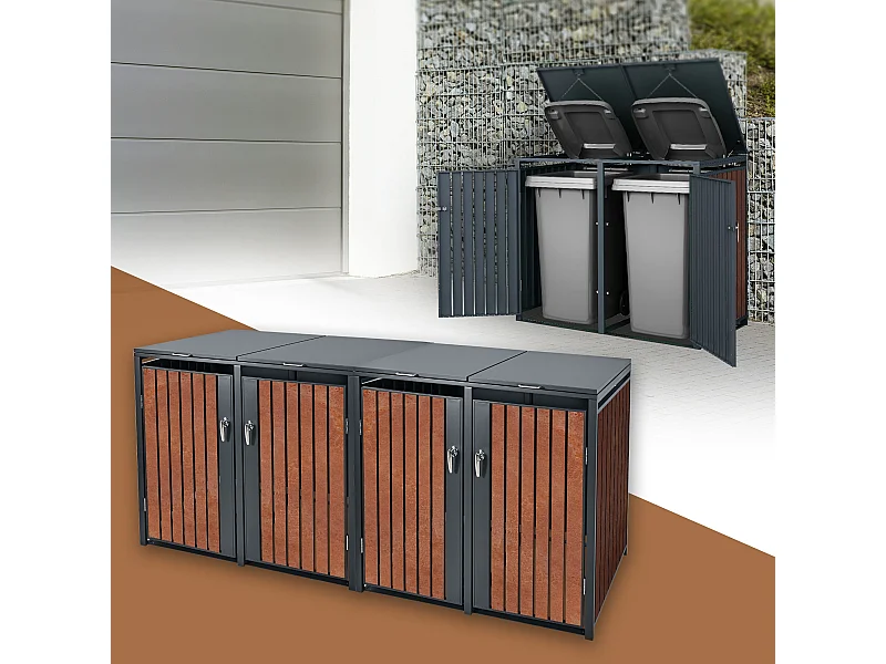 ML-Design Cobertizo de exterior para 4 cubos de basura de 264 x 80 x 116,3 cm antracita y marrón óxido cubre contenedor con tapa, puerta y cerradura