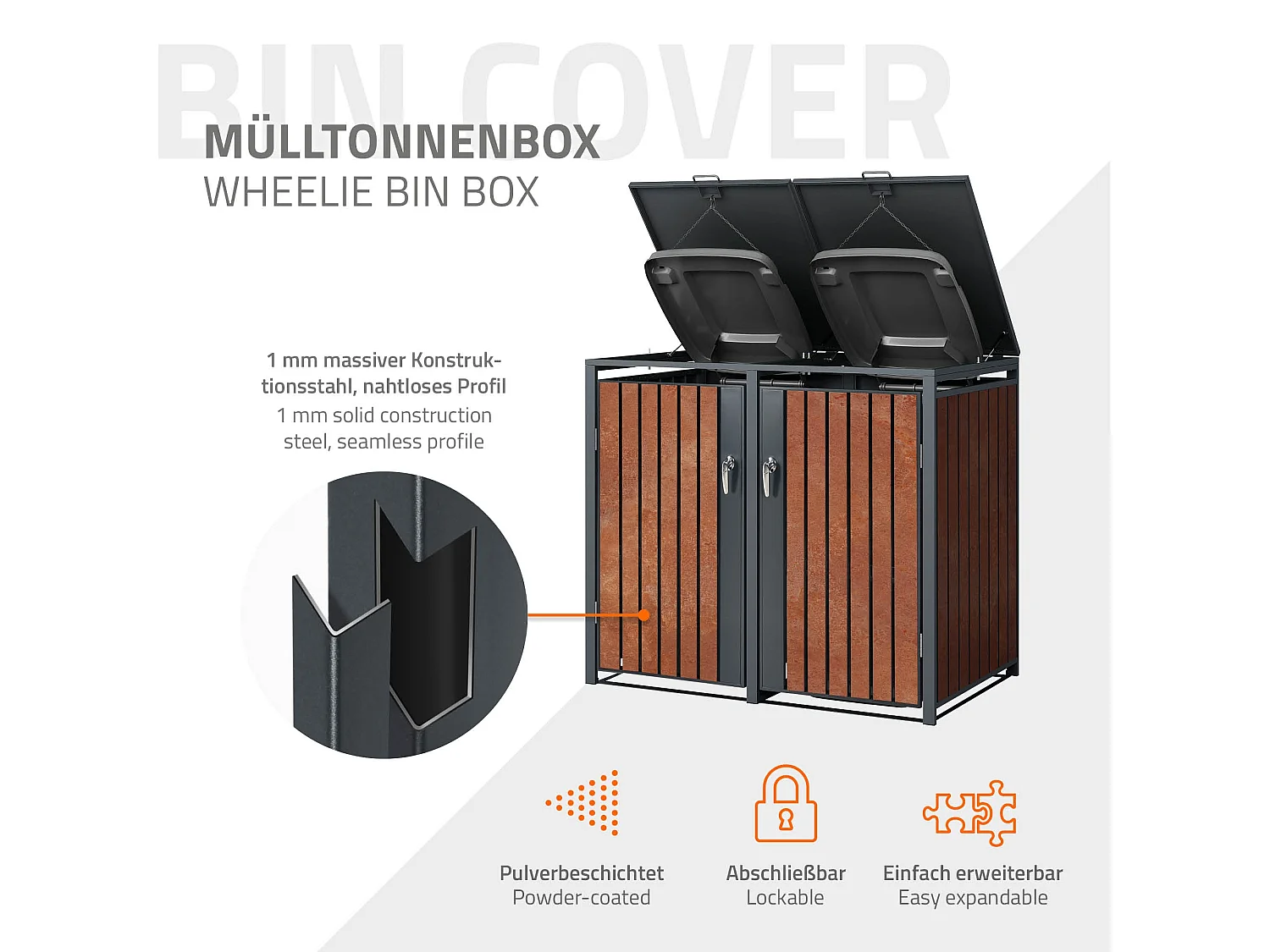 Abri pour 4 poubelles 264x80x116,3 cm capacité de 60L à 240L anthracite/aspect rouillé acier couvercle rabattable/4 portes résistant aux intempéries