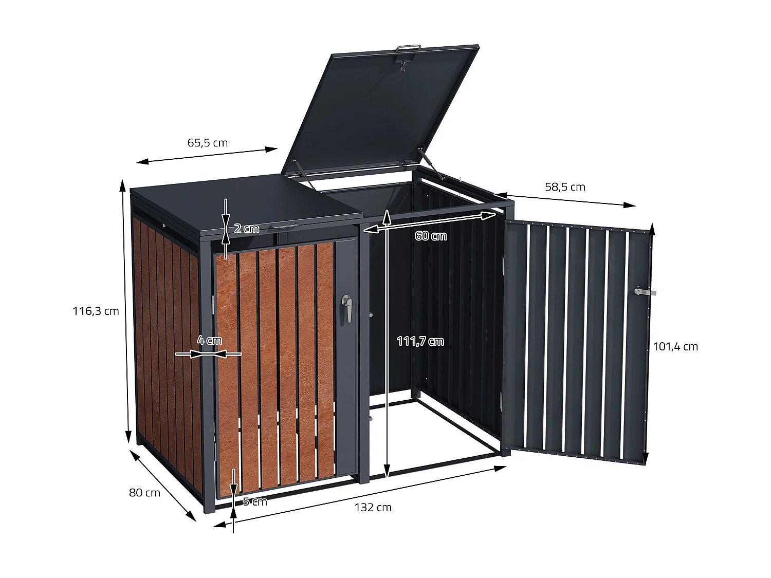 Abri pour 4 poubelles 264x80x116,3 cm capacité de 60L à 240L anthracite/aspect rouillé acier couvercle rabattable/4 portes résistant aux intempéries