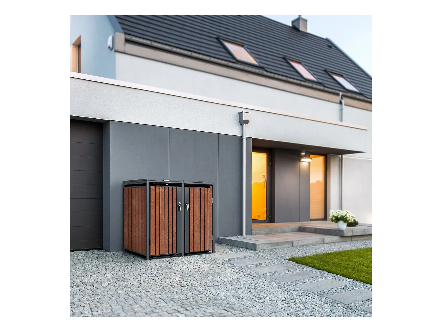 Abri pour 4 poubelles 264x80x116,3 cm capacité de 60L à 240L anthracite/aspect rouillé acier couvercle rabattable/4 portes résistant aux intempéries