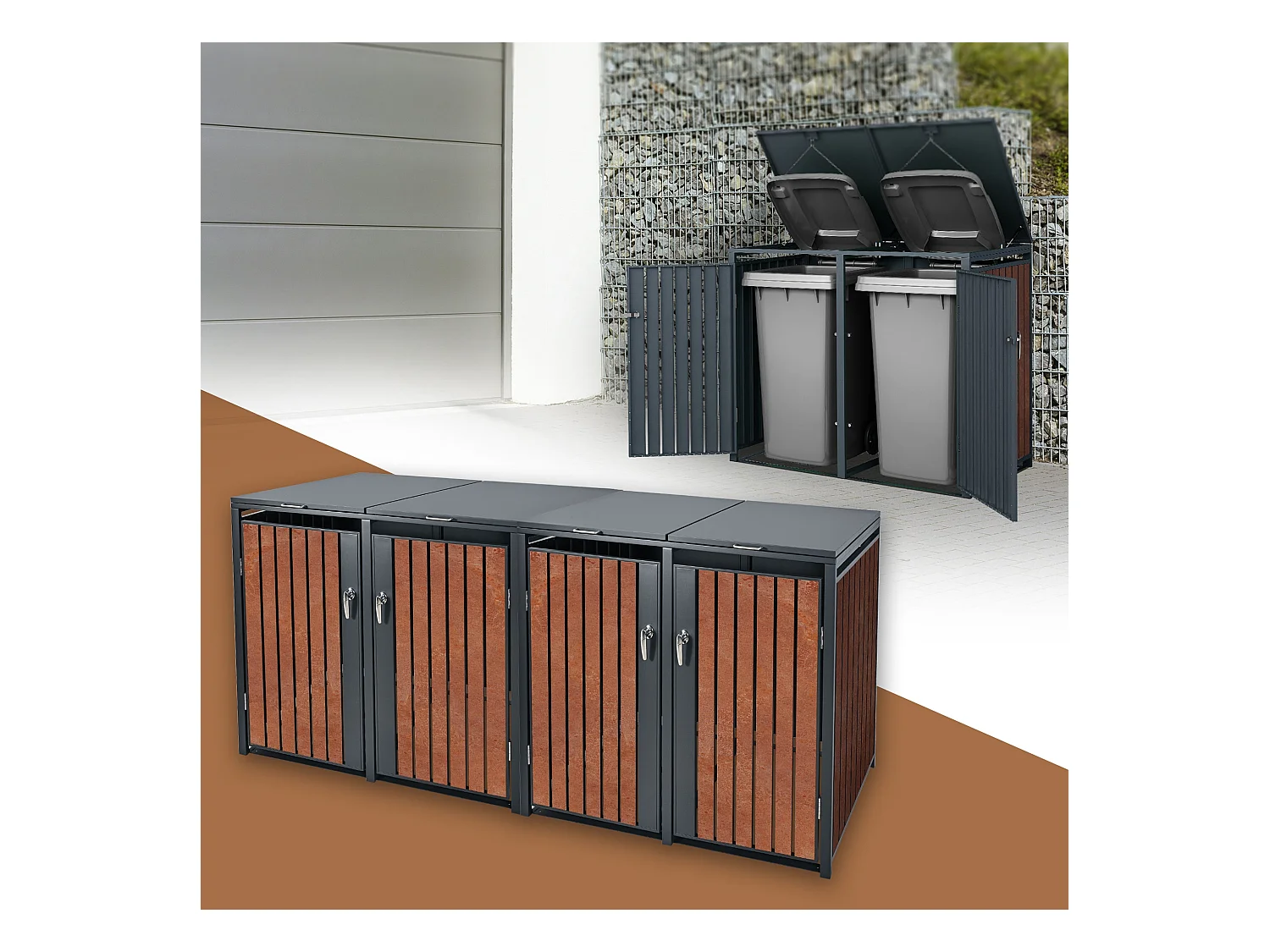 ML-Design Cobertizo de exterior para 4 cubos de basura de 264 x 80 x 116,3 cm antracita y marrón óxido cubre contenedor con tapa, puerta y cerradura