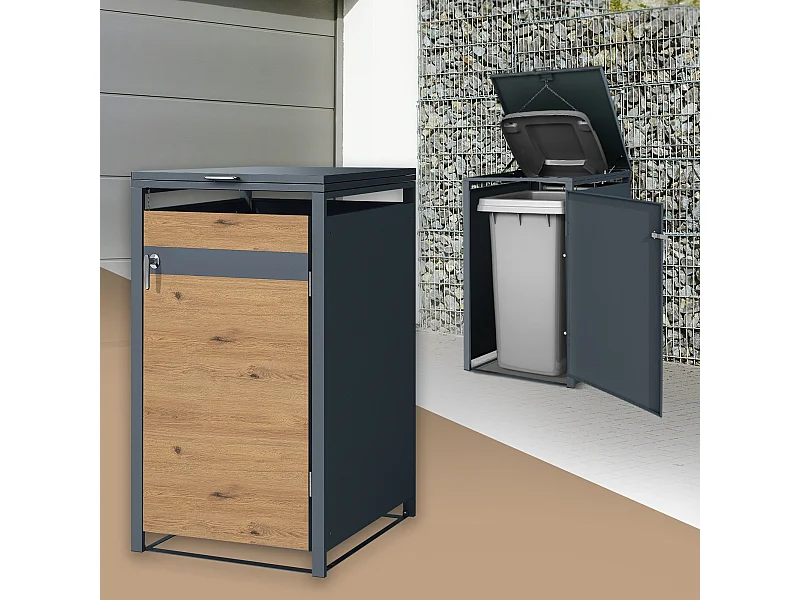 ML-Design Cobertizo exterior para 1 cubo de basura 240L 68x80x116,3cm antracita caseta de acero aspecto roble con tapa abatible y puerta