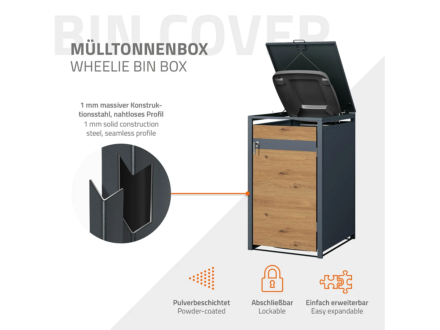 Abri pour 1 poubelle 68x80x116,3 cm capacité de 60L à 240L anthracite/aspect chêne acier avec couvercle rabattable/1 porte résistant aux intempéries