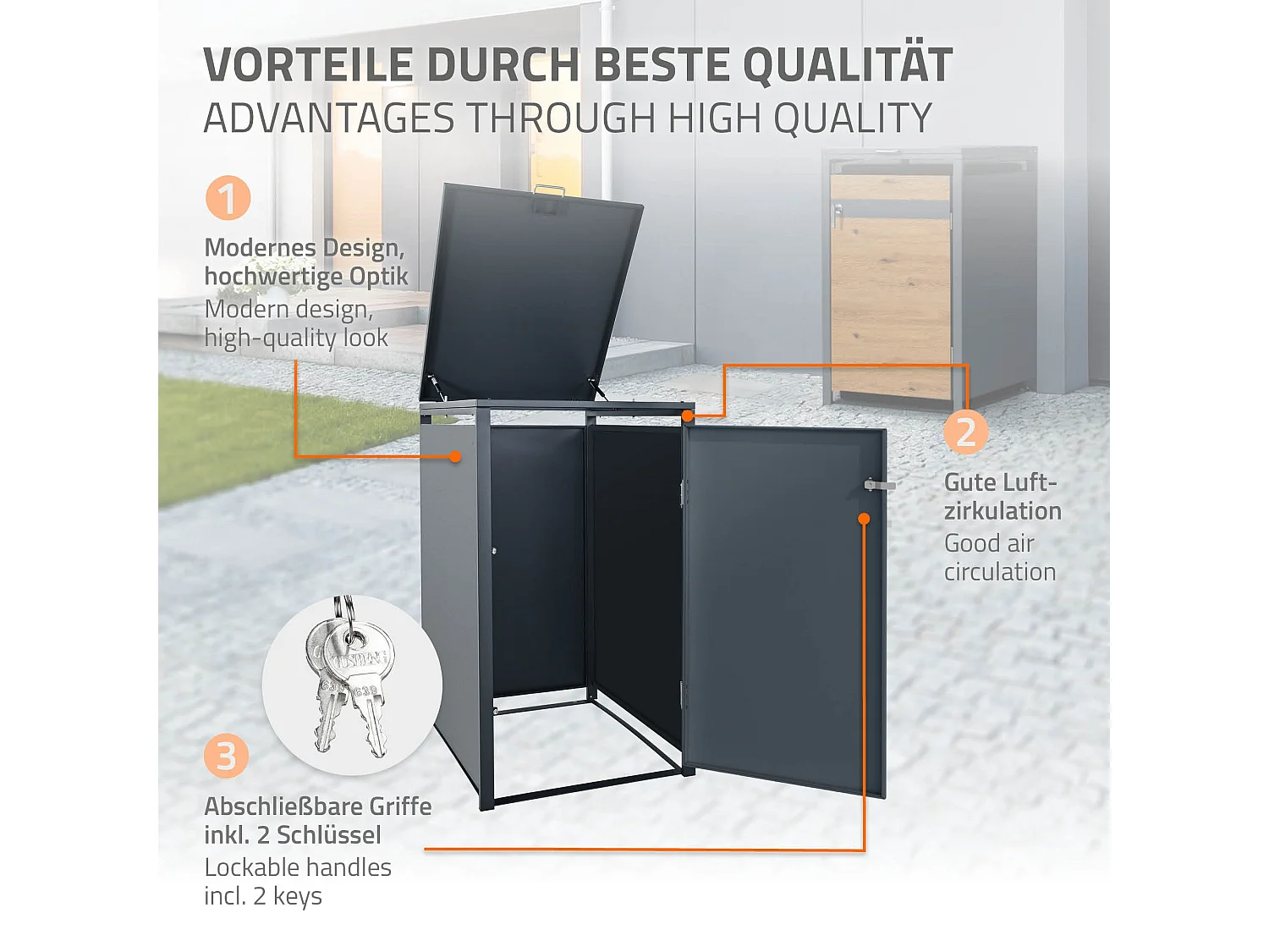 Abri pour 1 poubelle 68x80x116,3 cm capacité de 60L à 240L anthracite/aspect chêne acier avec couvercle rabattable/1 porte résistant aux intempéries