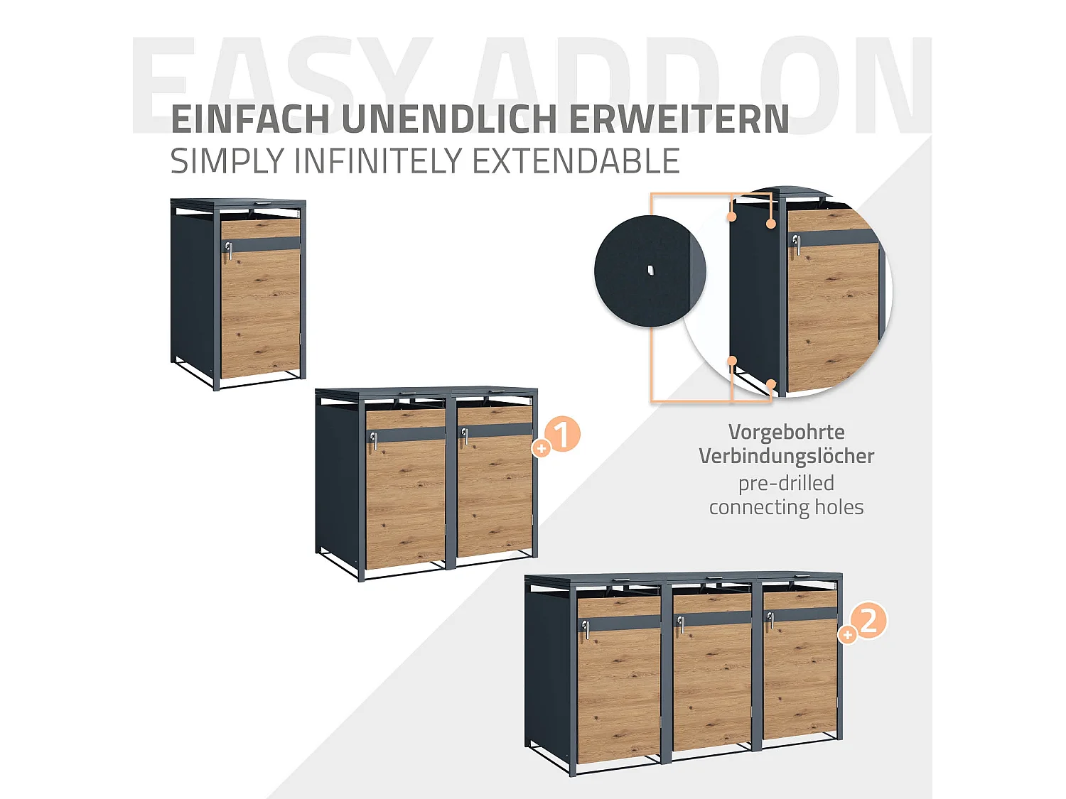Abri pour 1 poubelle 68x80x116,3 cm capacité de 60L à 240L anthracite/aspect chêne acier avec couvercle rabattable/1 porte résistant aux intempéries