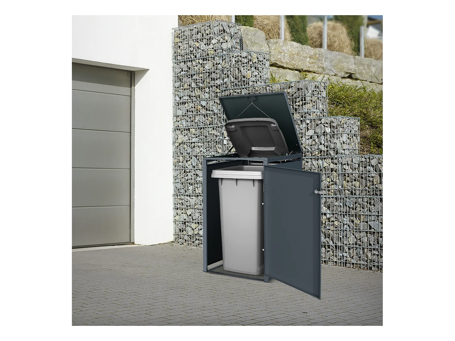 Abri pour 1 poubelle 68x80x116,3 cm capacité de 60L à 240L anthracite/aspect chêne acier avec couvercle rabattable/1 porte résistant aux intempéries