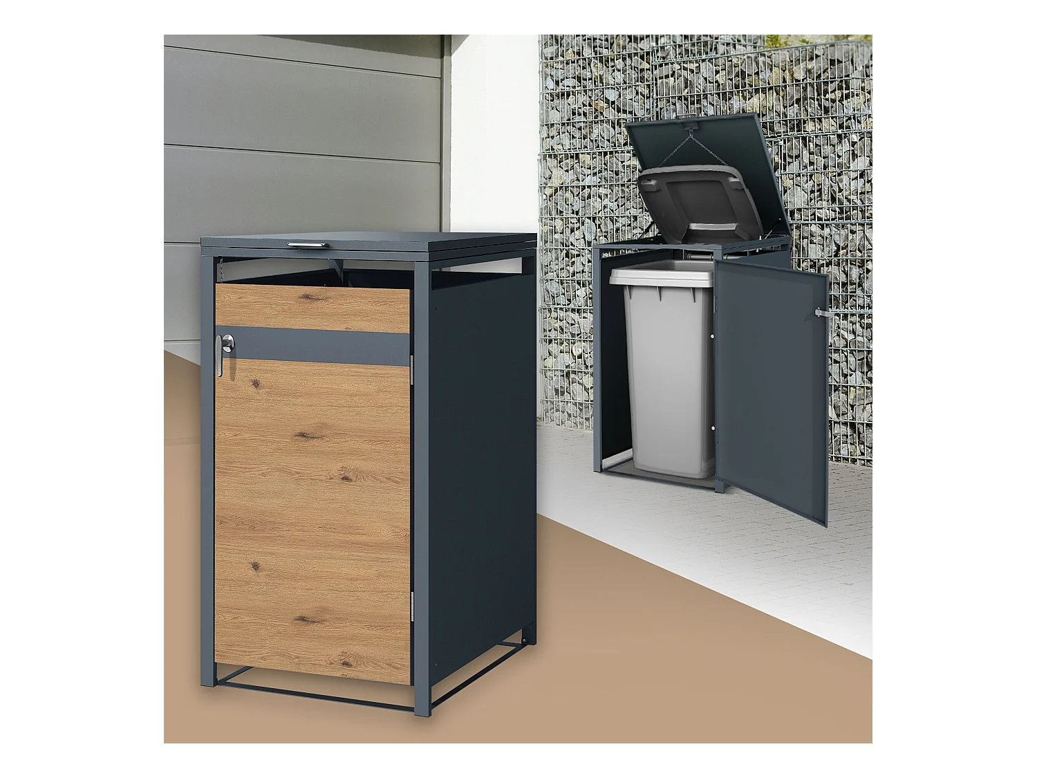 ML-Design Copribidone per 1 bidone 240L 68x80x116,3 cm in acciaio antracite effetto rovere resistente alle intemperie contenitore per rifiutti 1 anta