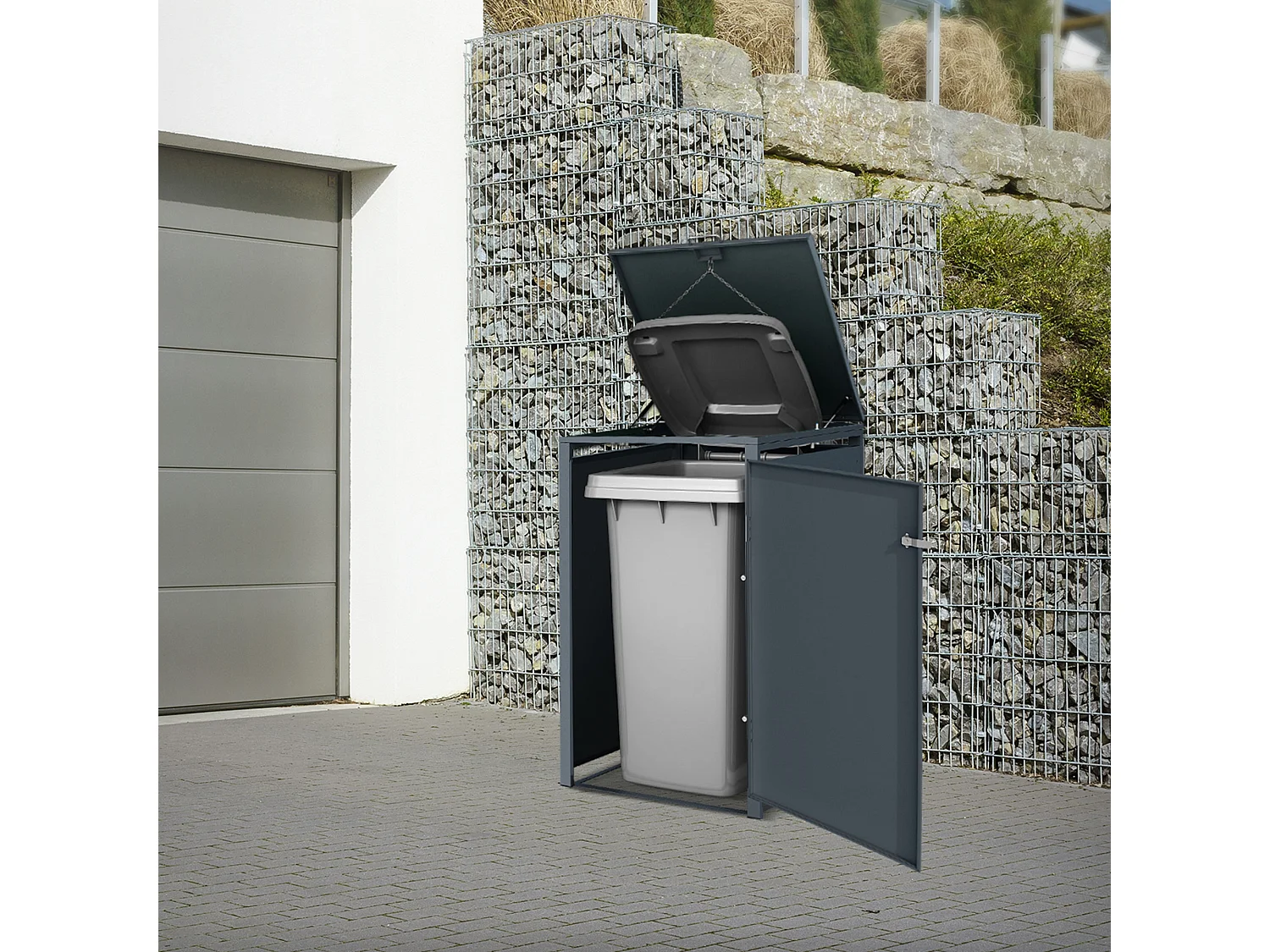 ML-Design Copribidone per 1 bidone 240L 68x80x116,3 cm in acciaio antracite effetto rovere resistente alle intemperie contenitore per rifiutti 1 anta