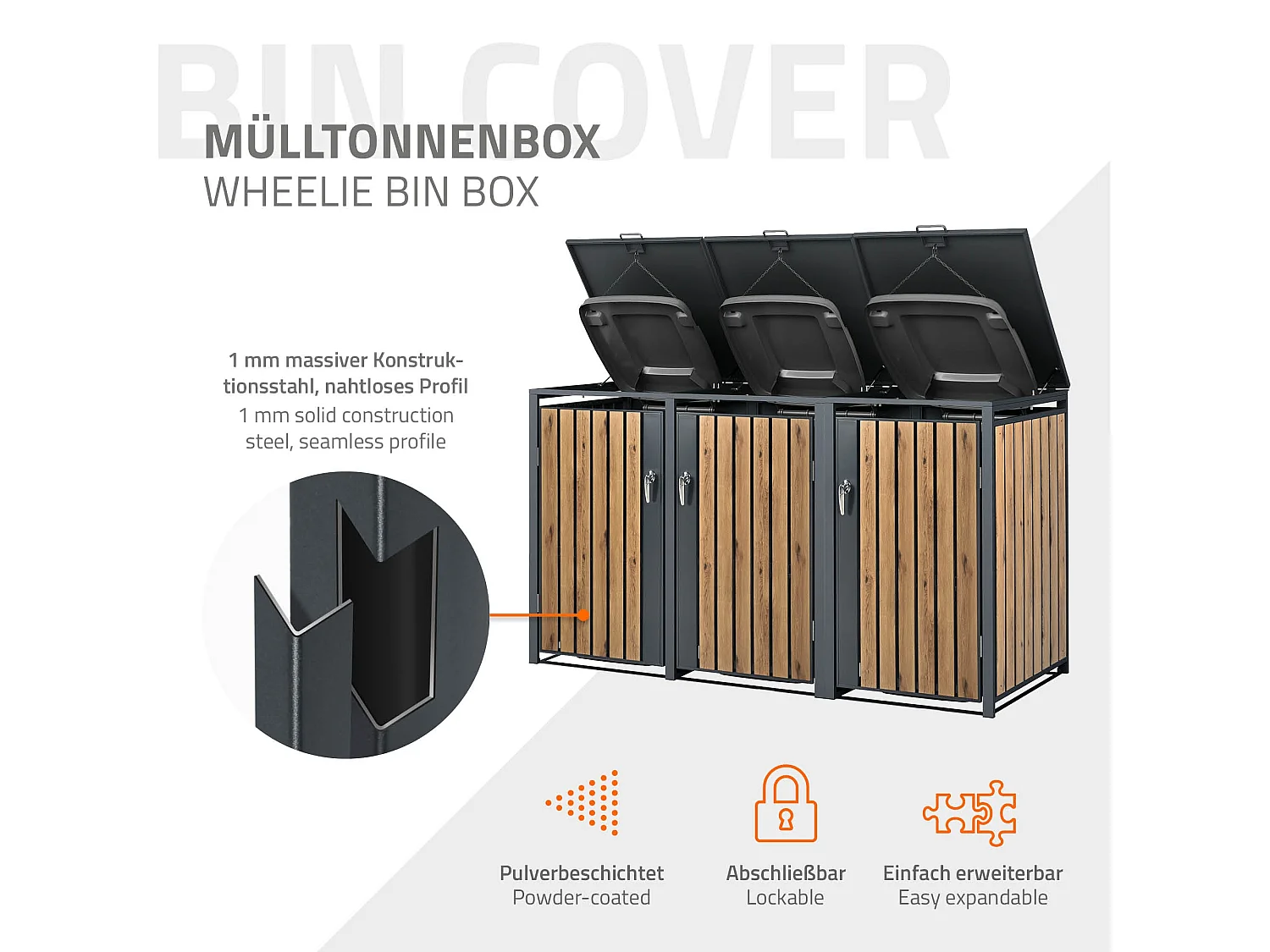 Abri pour 3 poubelles 200x80x116,3 cm capacité de 60L à 240L anthracite/aspect chêne acier couvercle rabattable/3 portes résistant aux intempéries