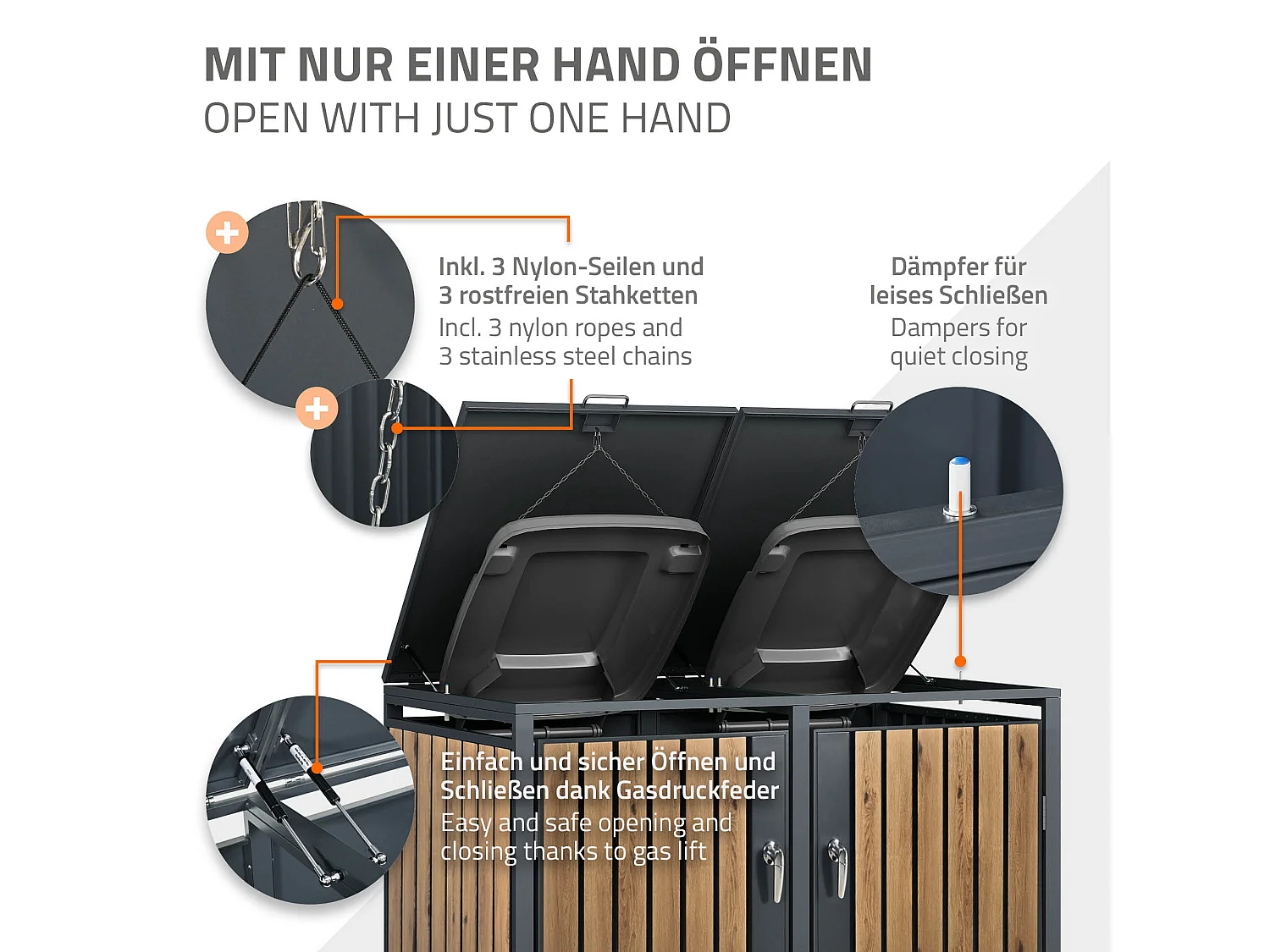 Abri pour 3 poubelles 200x80x116,3 cm capacité de 60L à 240L anthracite/aspect chêne acier couvercle rabattable/3 portes résistant aux intempéries