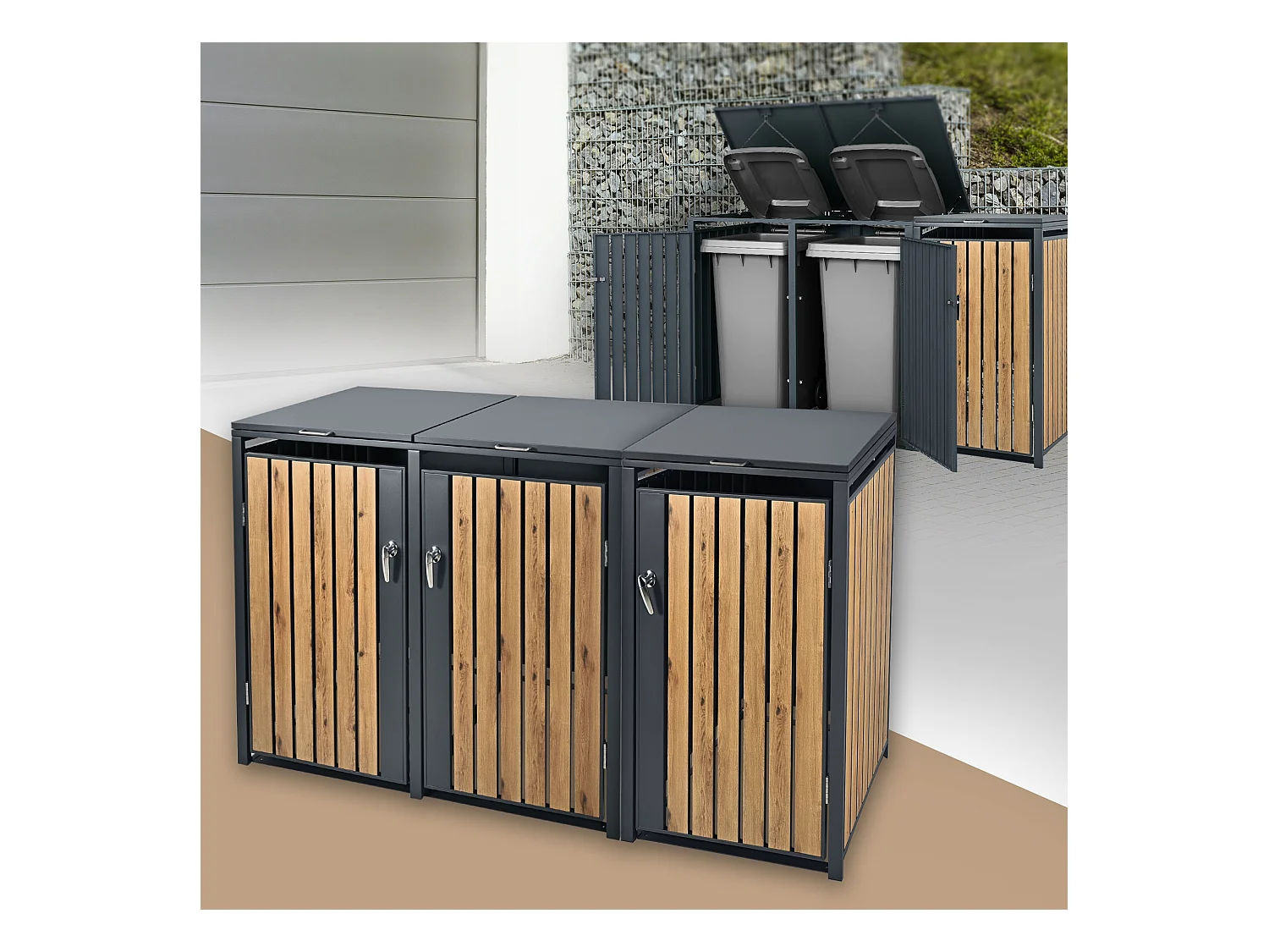 ML-Design Cobertizo exterior para ocultar 3 cubos de basura 240L 200x80x116,3cm antracita caseta de acero con aspecto roble tapa abatible y cerradura