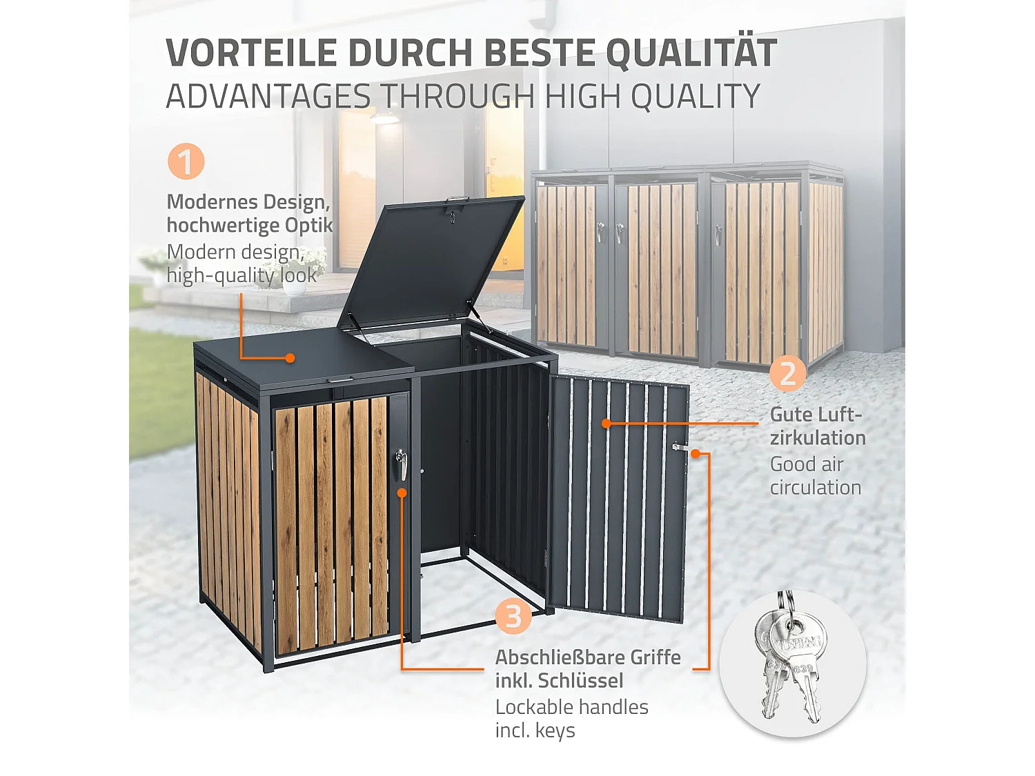 Abri pour 3 poubelles 200x80x116,3 cm capacité de 60L à 240L anthracite/aspect chêne acier couvercle rabattable/3 portes résistant aux intempéries