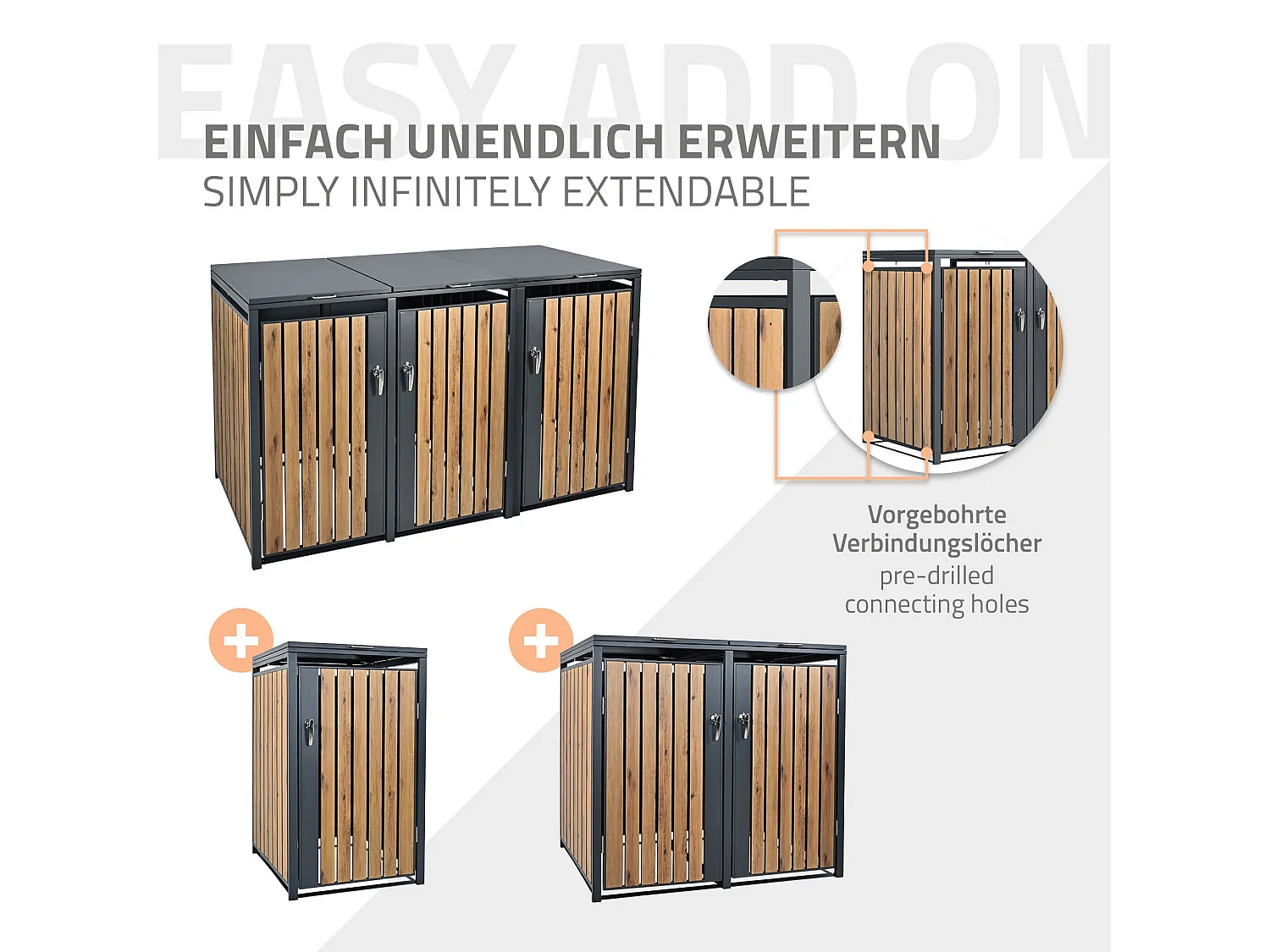 Abri pour 3 poubelles 200x80x116,3 cm capacité de 60L à 240L anthracite/aspect chêne acier couvercle rabattable/3 portes résistant aux intempéries