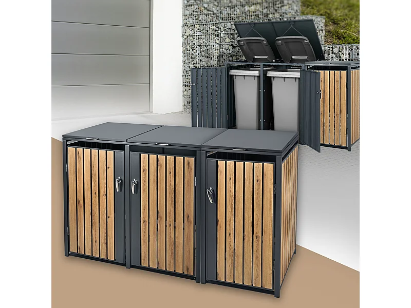 Abri pour 3 poubelles 200x80x116,3 cm capacité de 60L à 240L anthracite/aspect chêne acier couvercle rabattable/3 portes résistant aux intempéries