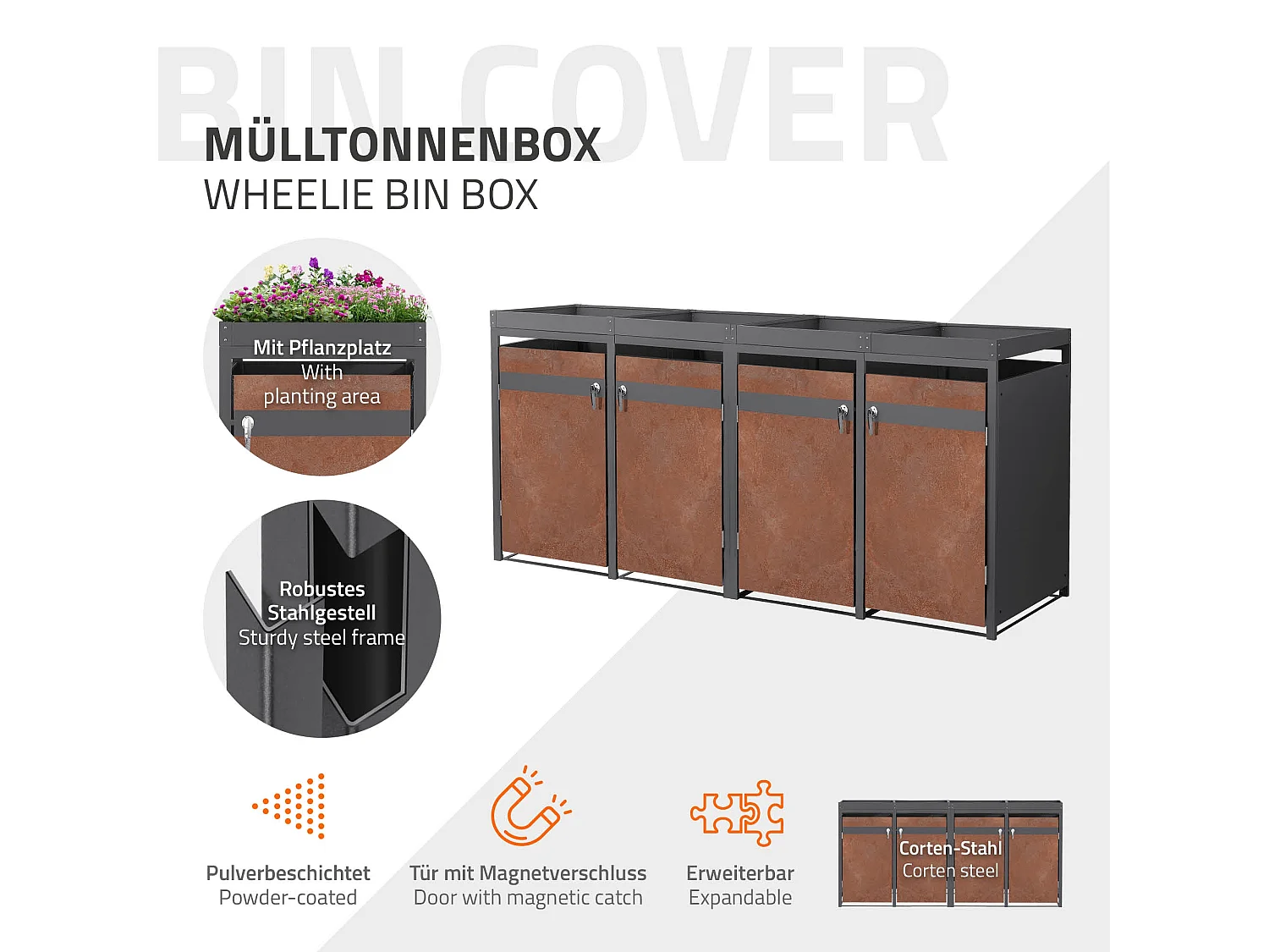 Abri pour 4 poubelles 264x80x124 cm capacité de 60L à 240L anthracite/aspect rouillé acier couvercle rabattable/4 portes résistant aux intempéries