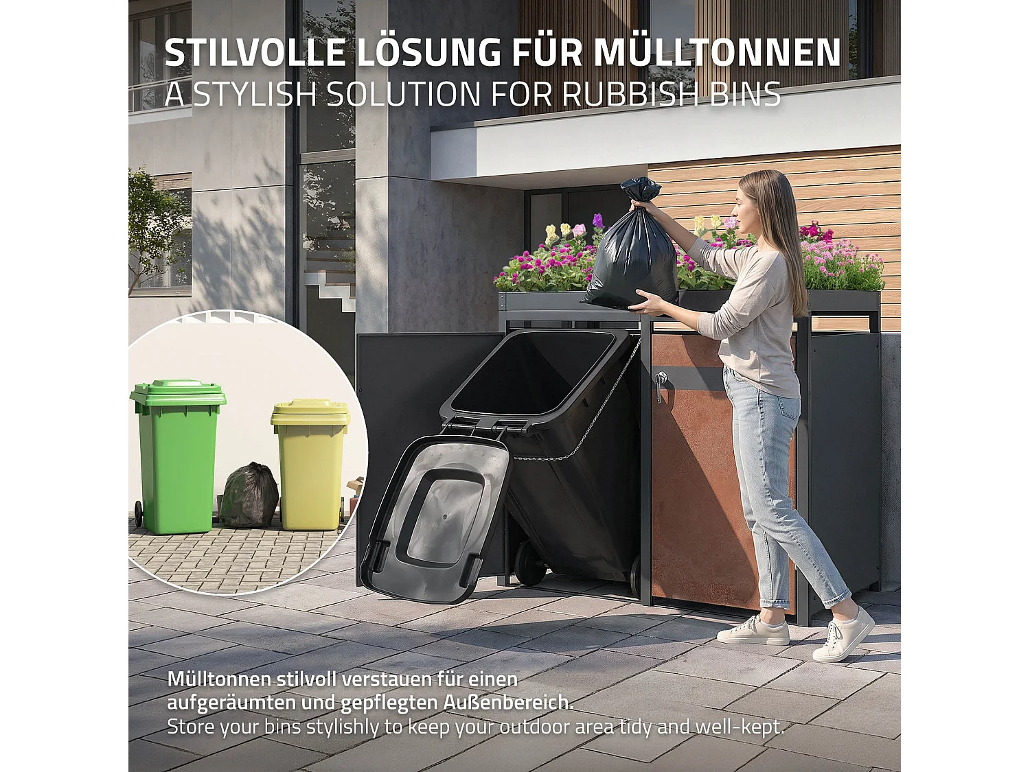 Abri pour 4 poubelles 264x80x124 cm capacité de 60L à 240L anthracite/aspect rouillé acier couvercle rabattable/4 portes résistant aux intempéries