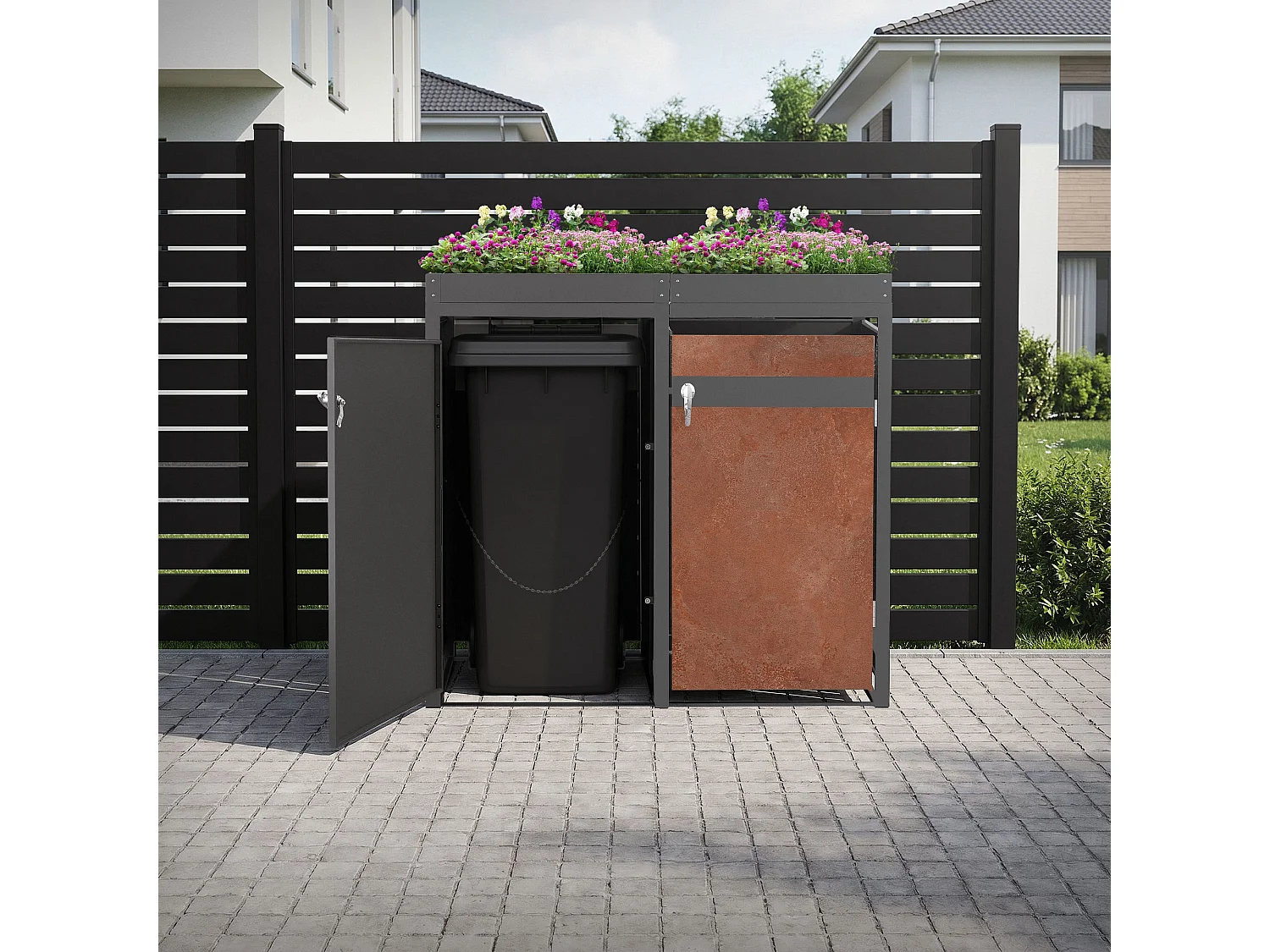 Abri pour 4 poubelles 264x80x124 cm capacité de 60L à 240L anthracite/aspect rouillé acier couvercle rabattable/4 portes résistant aux intempéries