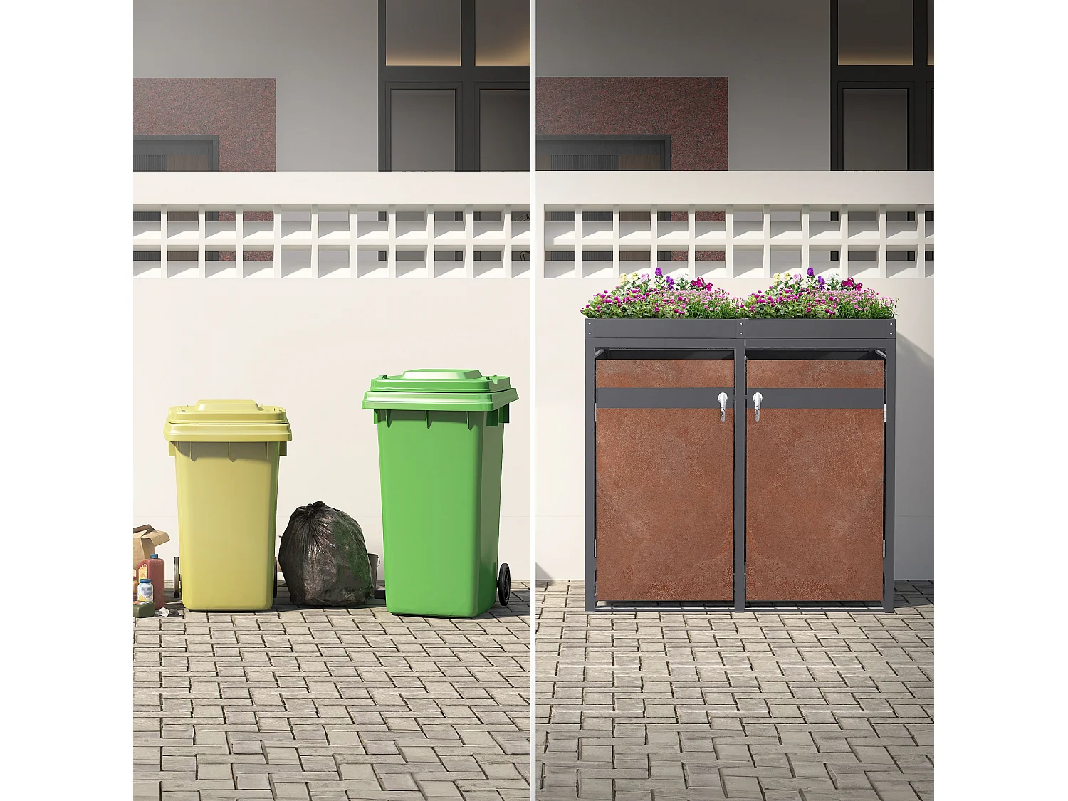 ML-Design Copribidoni per 4 bidoni 240L 264x80x124 cm in acciaio antracite effetto ruggine contenitore per pattumiera con 4 porte e tetto a fioriera