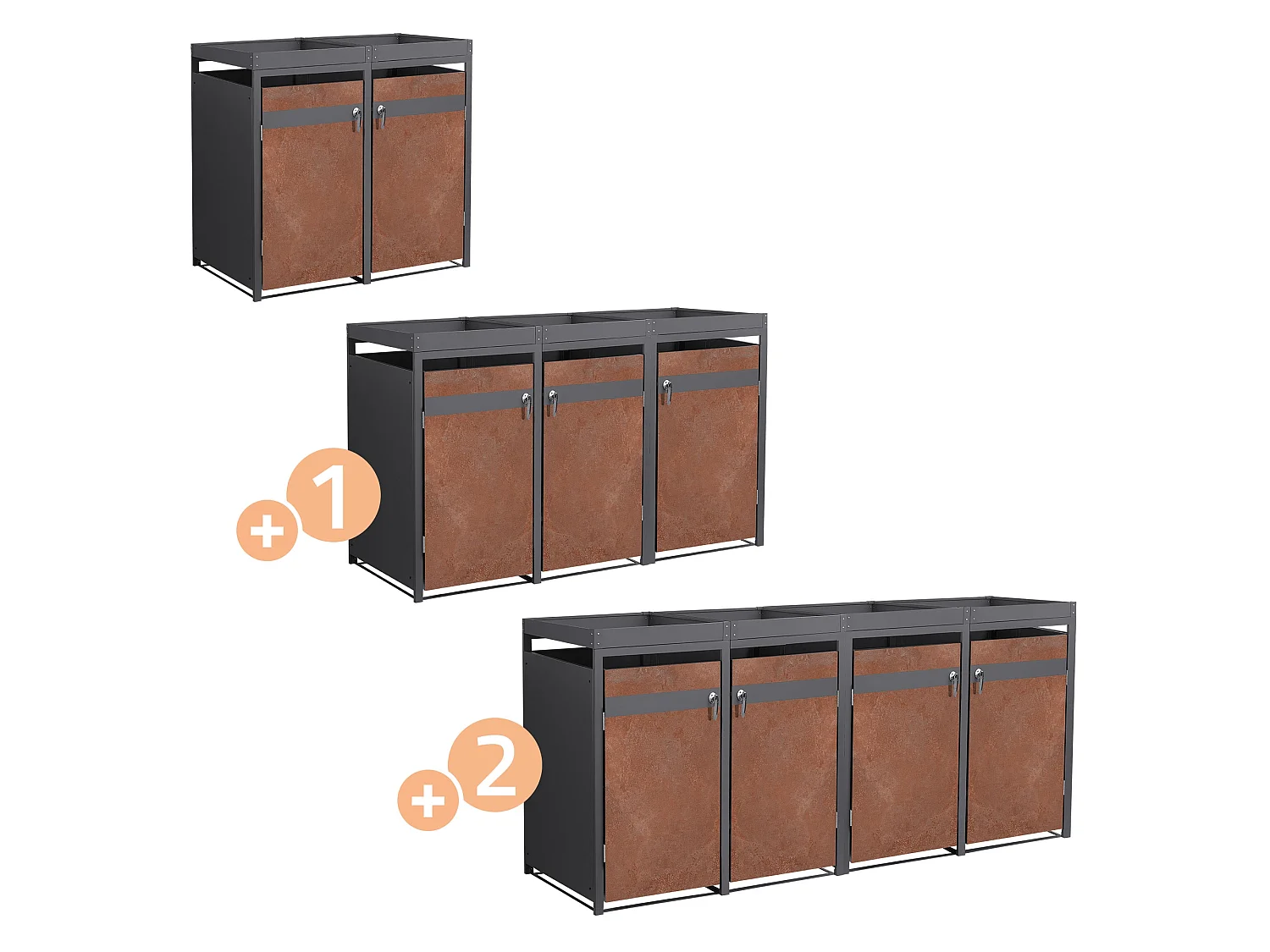 ML-Design Copribidoni per 4 bidoni 240L 264x80x124 cm in acciaio antracite effetto ruggine contenitore per pattumiera con 4 porte e tetto a fioriera