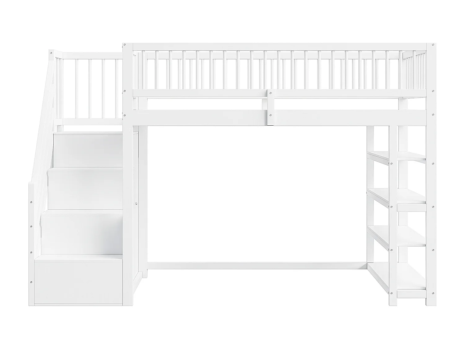 Hochbett 90x200 cm – mit Regalen und Aufbewahrungsleiter – Massivholz – Weiß