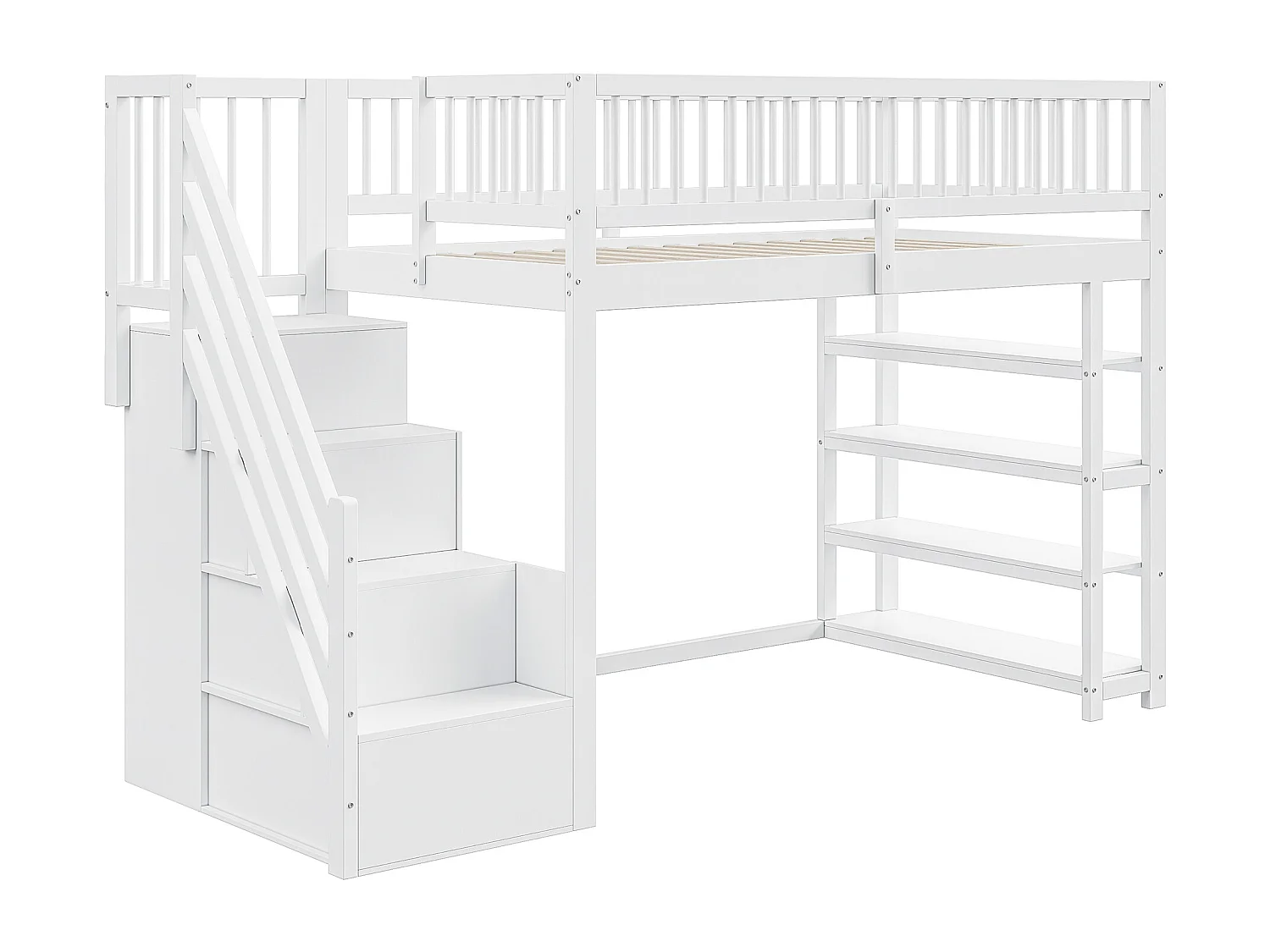 Hochbett 90x200 cm – mit Regalen und Aufbewahrungsleiter – Massivholz – Weiß