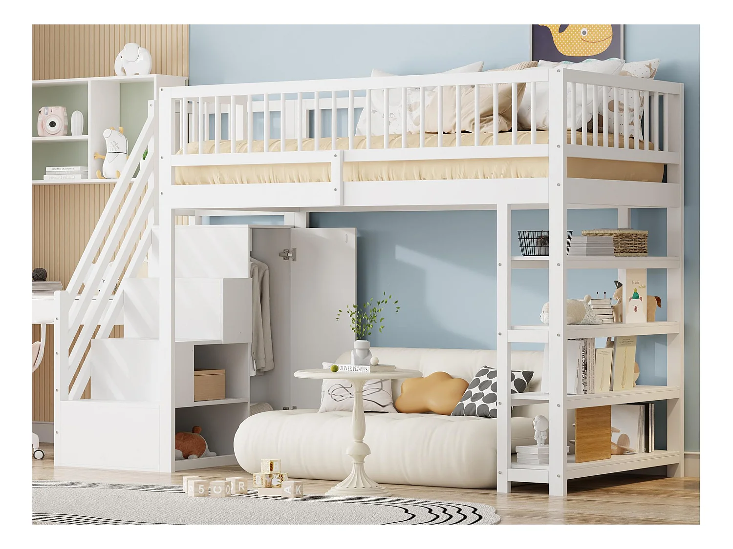 Lit mezzanine 90x200 cm - avec étagères et échelle de rangement - en bois massif - Blanc