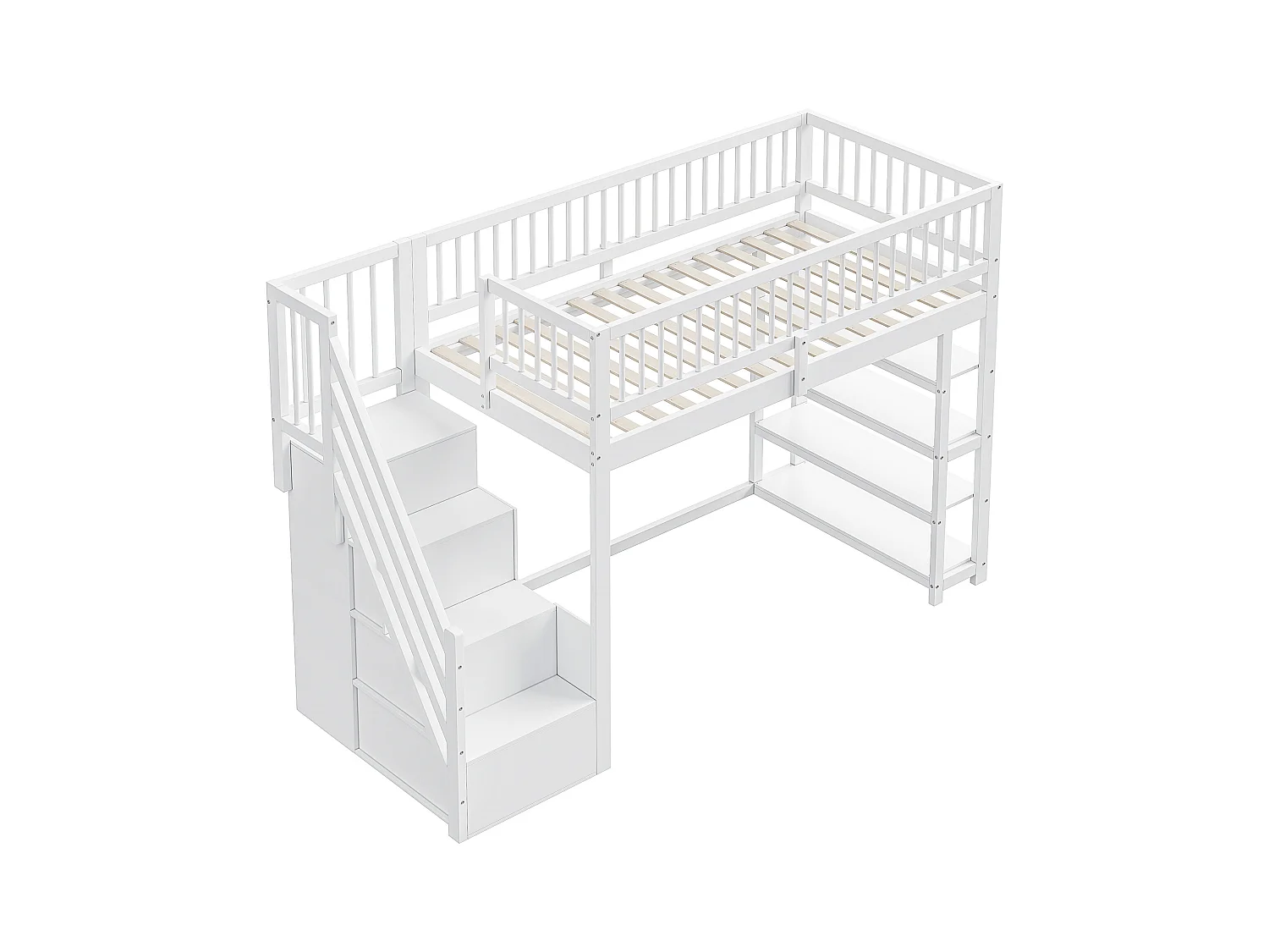 Hoogslaper 90x200 cm - met planken en opbergladder - massief hout - Wit