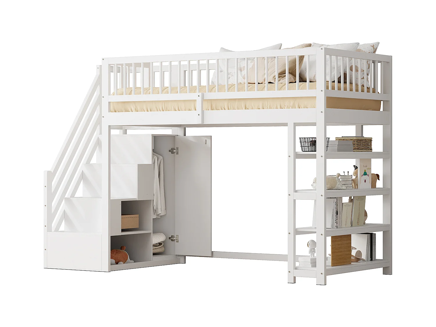 Hoogslaper 90x200 cm - met planken en opbergladder - massief hout - Wit