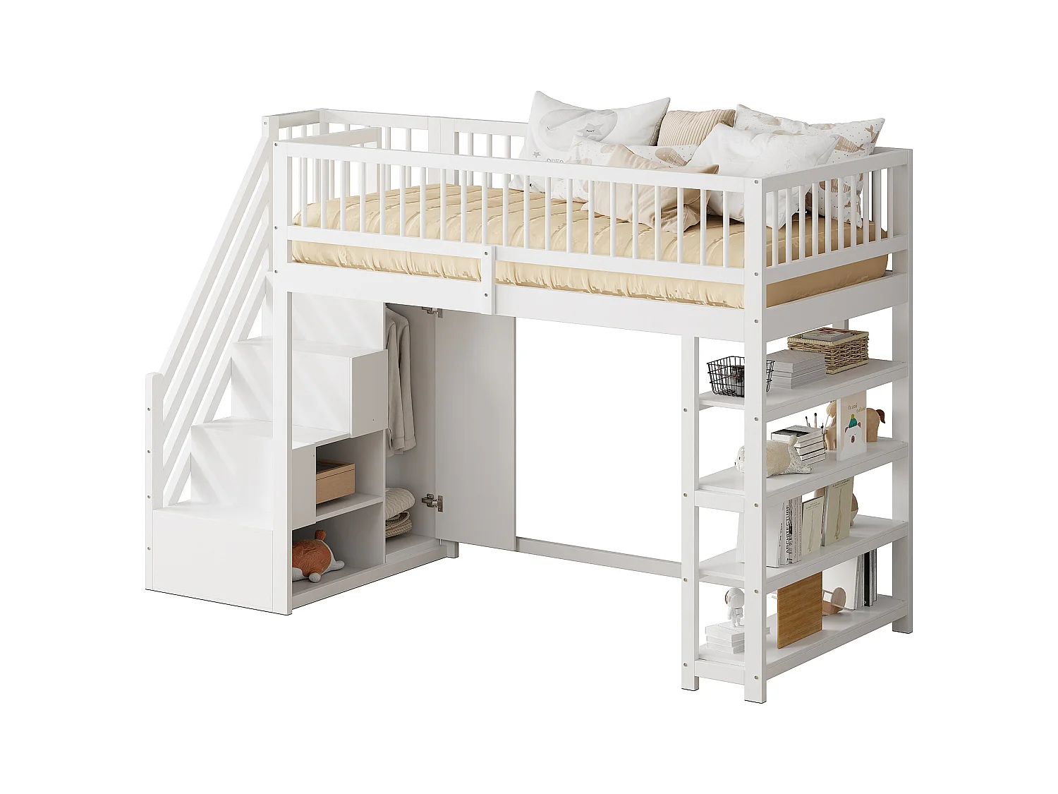 Hoogslaper 90x200 cm - met planken en opbergladder - massief hout - Wit