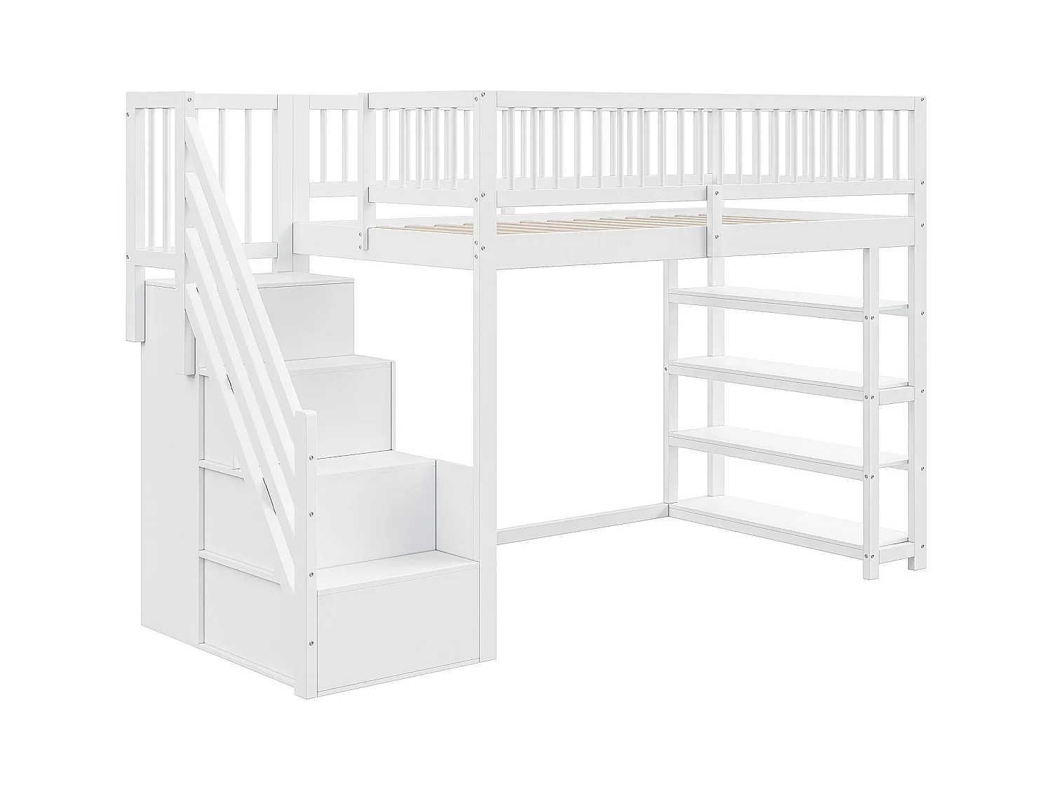 Hoogslaper 90x200 cm - met planken en opbergladder - massief hout - Wit