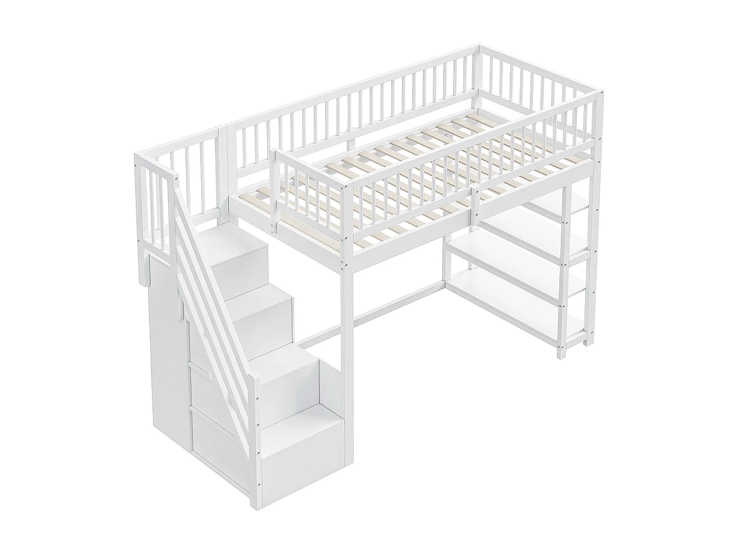 Lit mezzanine 90x200 cm - avec étagères et échelle de rangement - en bois massif - Blanc