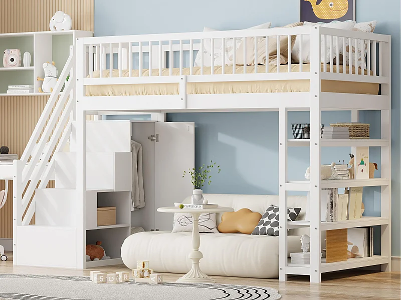 Lit mezzanine 90x200 cm - avec étagères et échelle de rangement - en bois massif - Blanc