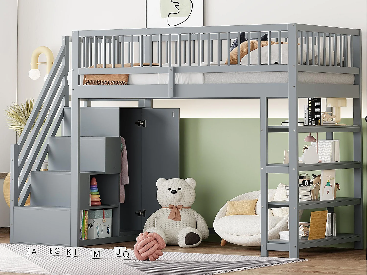 Lit mezzanine 90x200 cm - avec étagères et échelle de rangement - en bois massif - Gris