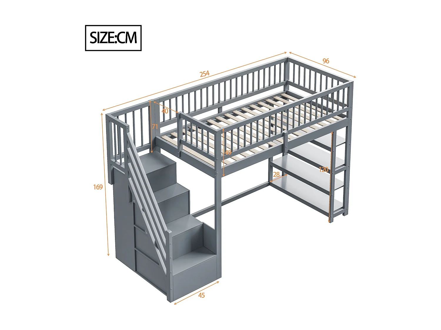 Lit mezzanine 90x200 cm - avec étagères et échelle de rangement - en bois massif - Gris