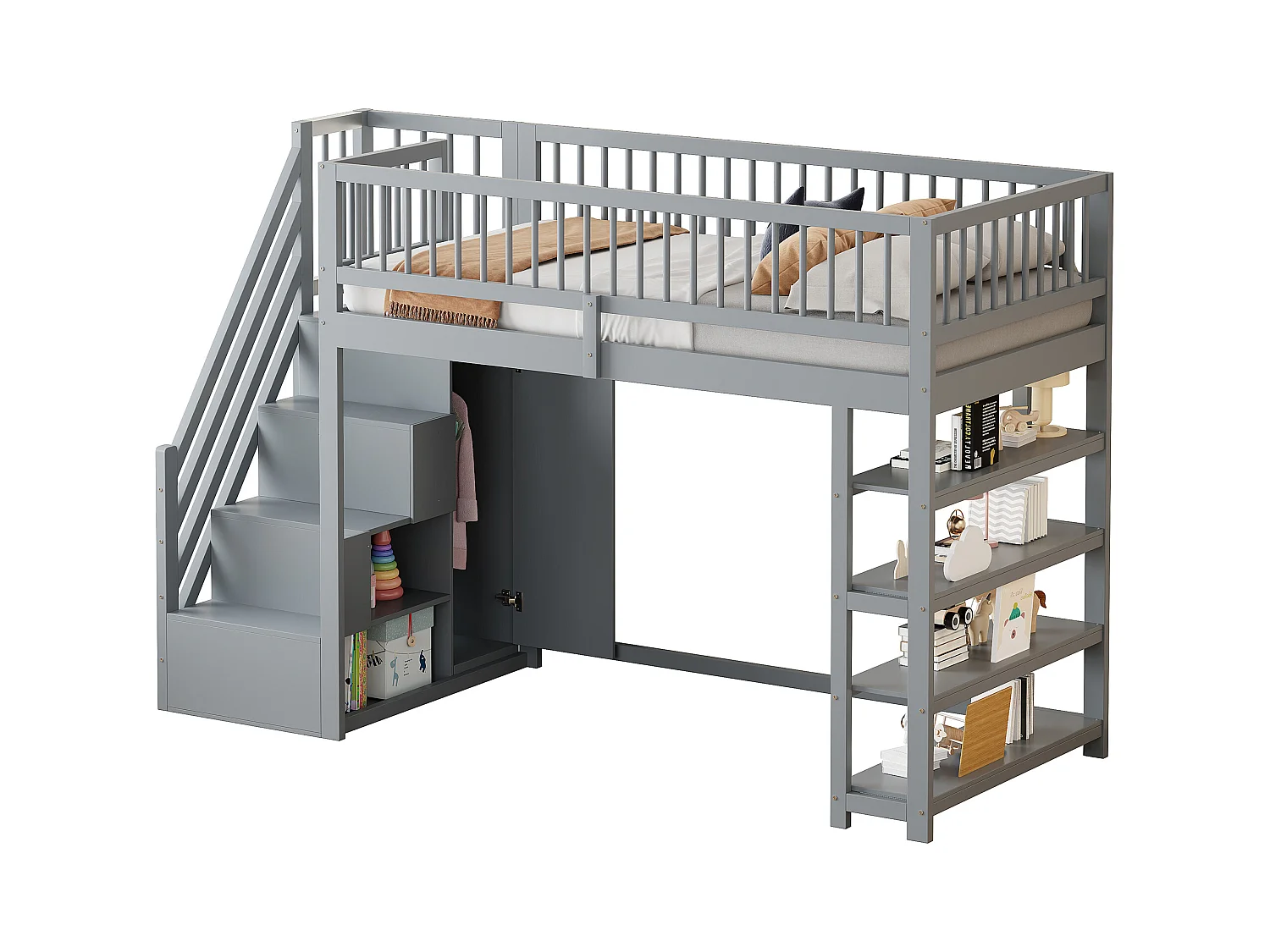 Lit mezzanine 90x200 cm - avec étagères et échelle de rangement - en bois massif - Gris