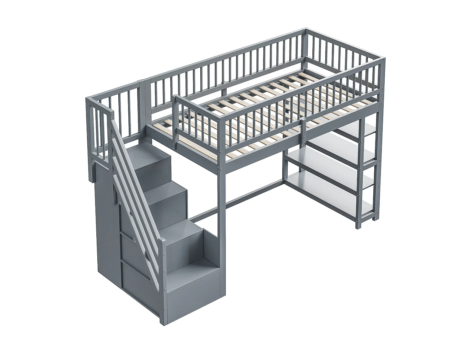 Lit mezzanine 90x200 cm - avec étagères et échelle de rangement - en bois massif - Gris