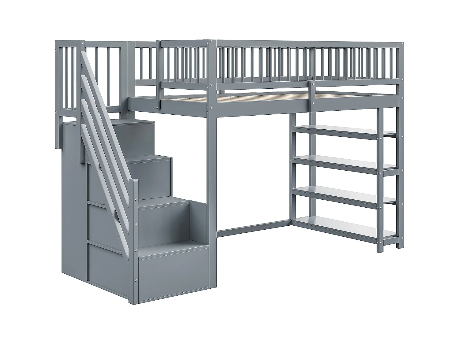 Lit mezzanine 90x200 cm - avec étagères et échelle de rangement - en bois massif - Gris