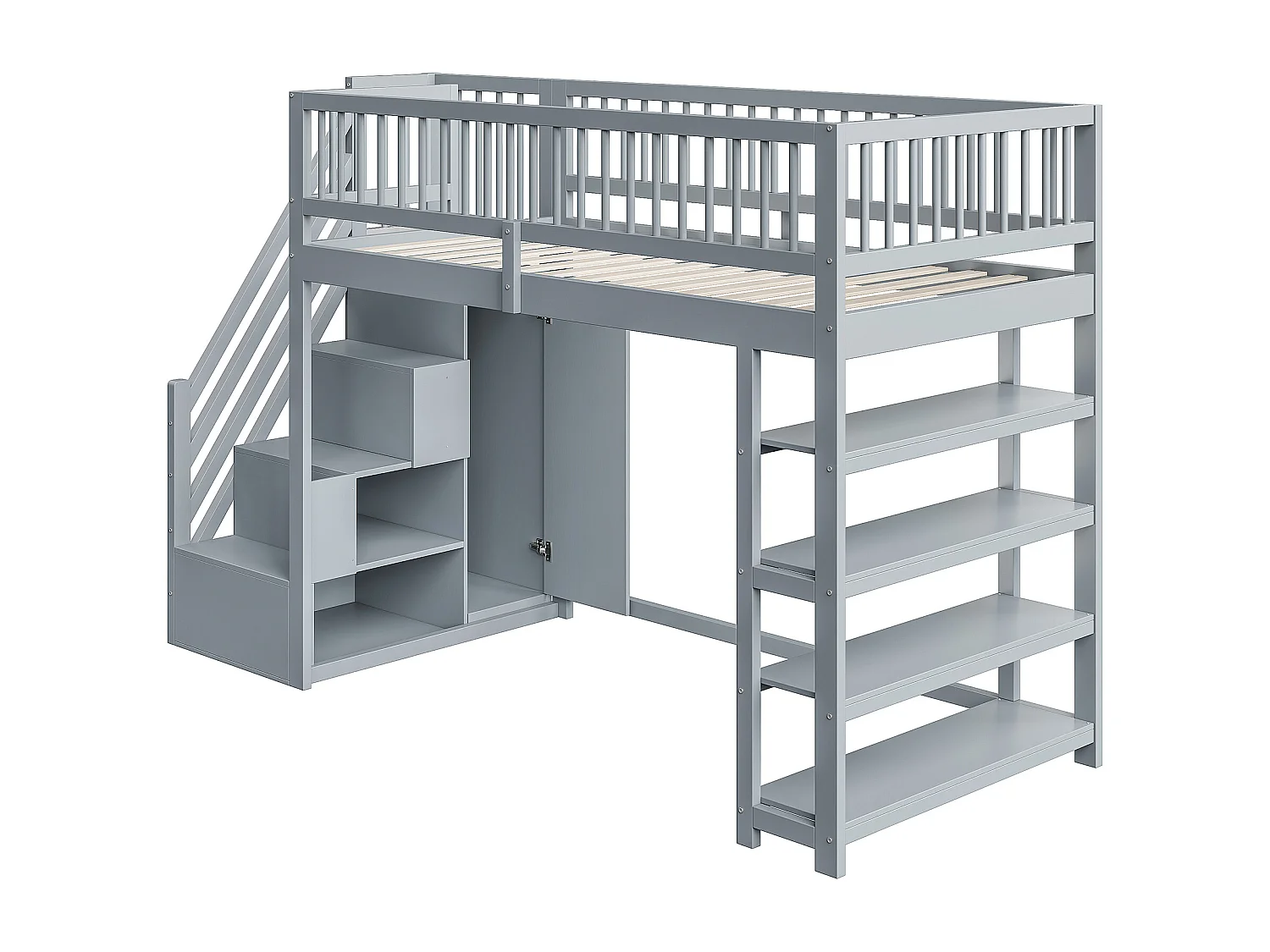 Lit mezzanine 90x200 cm - avec étagères et échelle de rangement - en bois massif - Gris