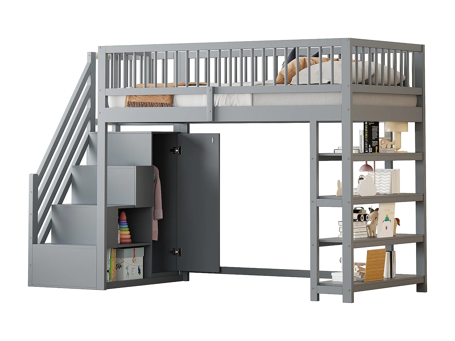 Cama alta 90x200 cm - com prateleiras e escada de arrumação - madeira maciça - Cinza