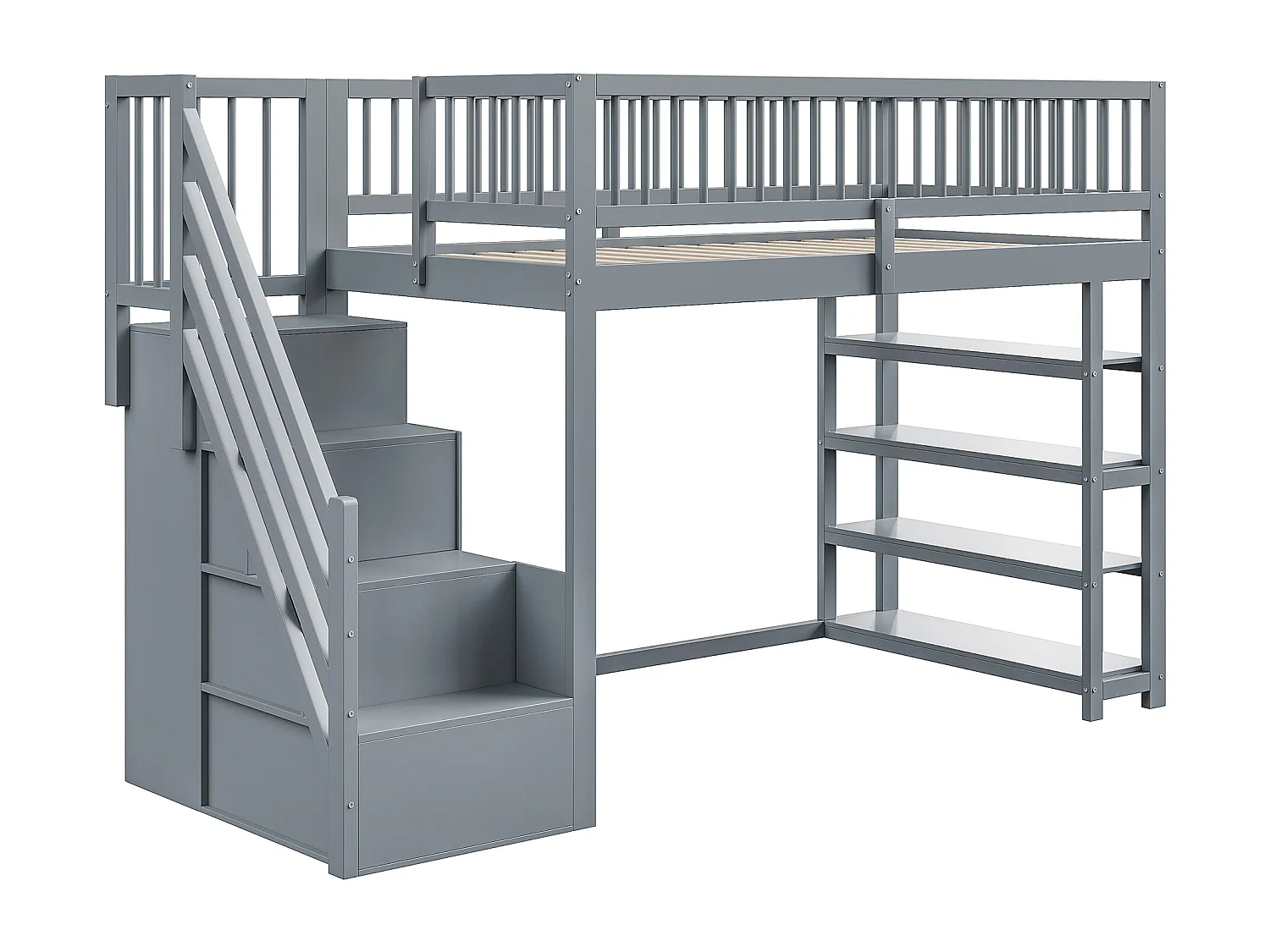 Hochbett 90x200 cm – mit Regalen und Aufbewahrungsleiter – Massivholz – Grau