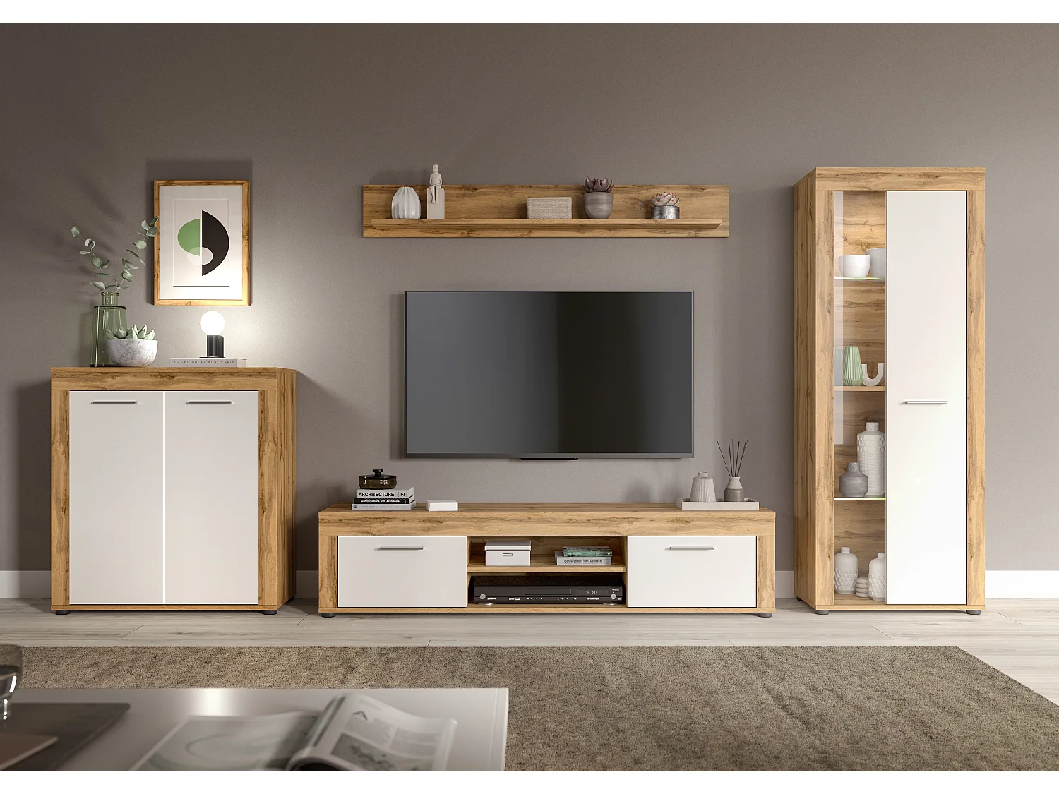 Aosta - Étagère murale en mélaminé blanc et chêne, L/H/P 140x20x15