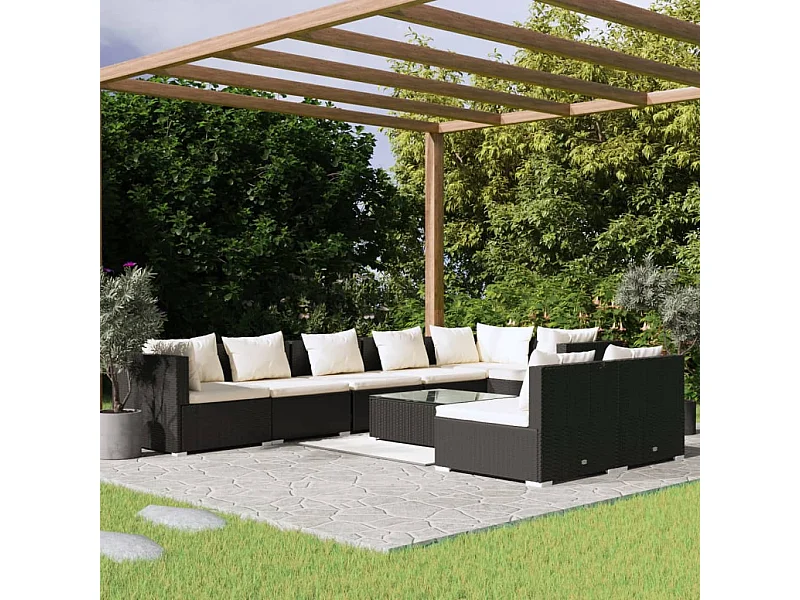 Set de muebles de jardín 9 pzas y cojines ratán sintético negro