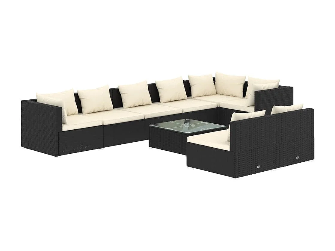 Set de muebles de jardín 9 pzas y cojines ratán sintético negro