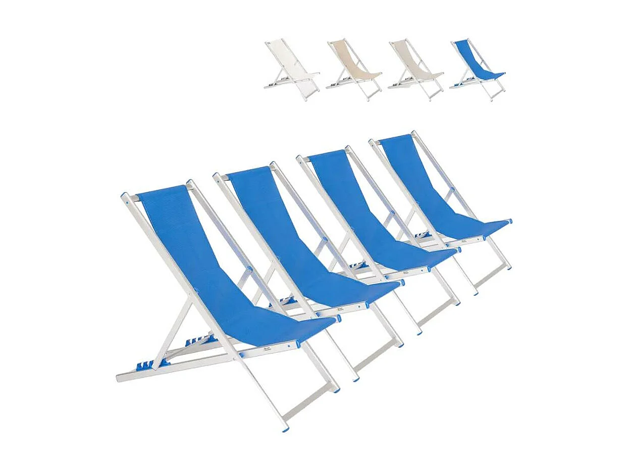 4er Set Strandliegen Liegestühle Sonnenliegen aus Aluminium Riccione Gold - Blau