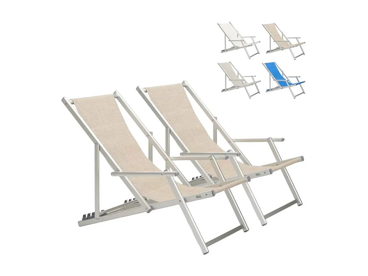 2er Set Strandliegen Liegestühle Sonnenliegen mit Armlehnen aus Aluminium Riccione Gold Lux - Beige
