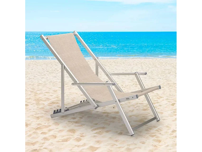 2er Set Strandliegen Liegestühle Sonnenliegen mit Armlehnen aus Aluminium Riccione Gold Lux - Beige