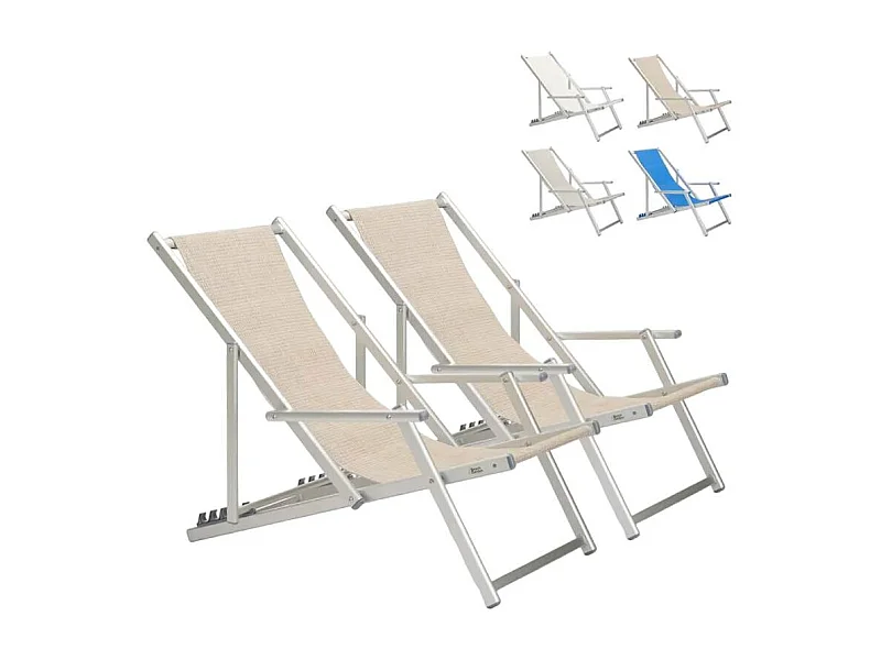 2er Set Strandliegen Liegestühle Sonnenliegen mit Armlehnen aus Aluminium Riccione Gold Lux - Beige